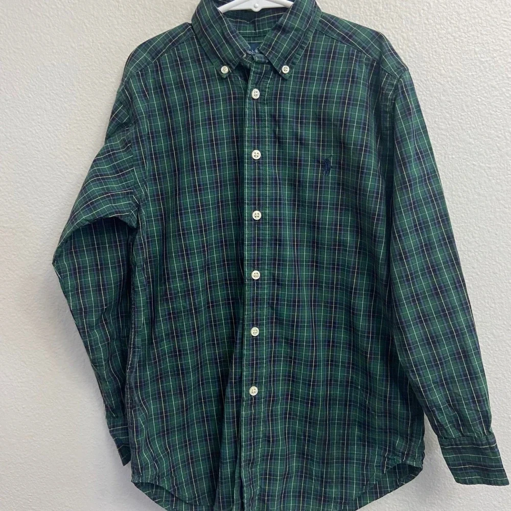 Ralph Lauren Boys S 8 Green Plaid Button Down Shirt Long Sleeve Pony Preppy